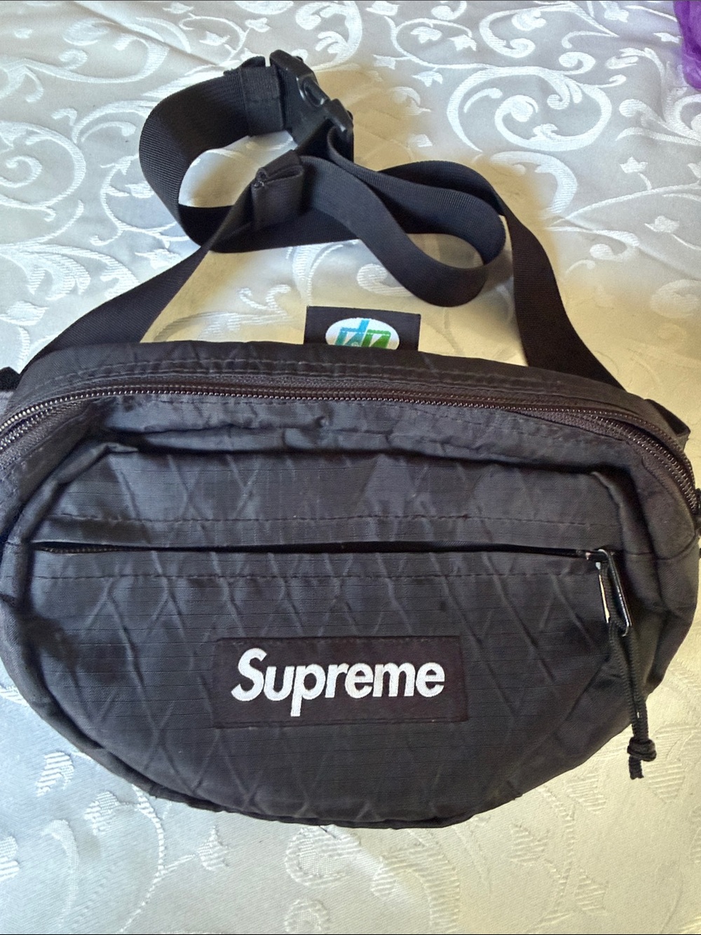 Supreme Black Quilted Belt Bag with White Logo
